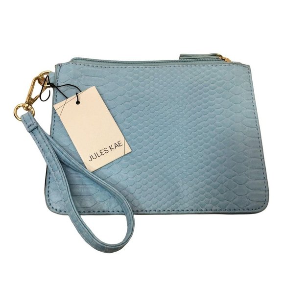 Jules Kae Darla Vegan Croc Leather Pouch Wristlet Light Blue Detachable Strap - Picture 4 of 7
